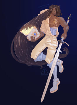 Full body illustration with props and heavy detail (hair).