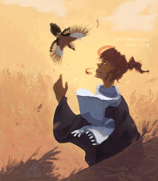 Half body illustration with background and prop.